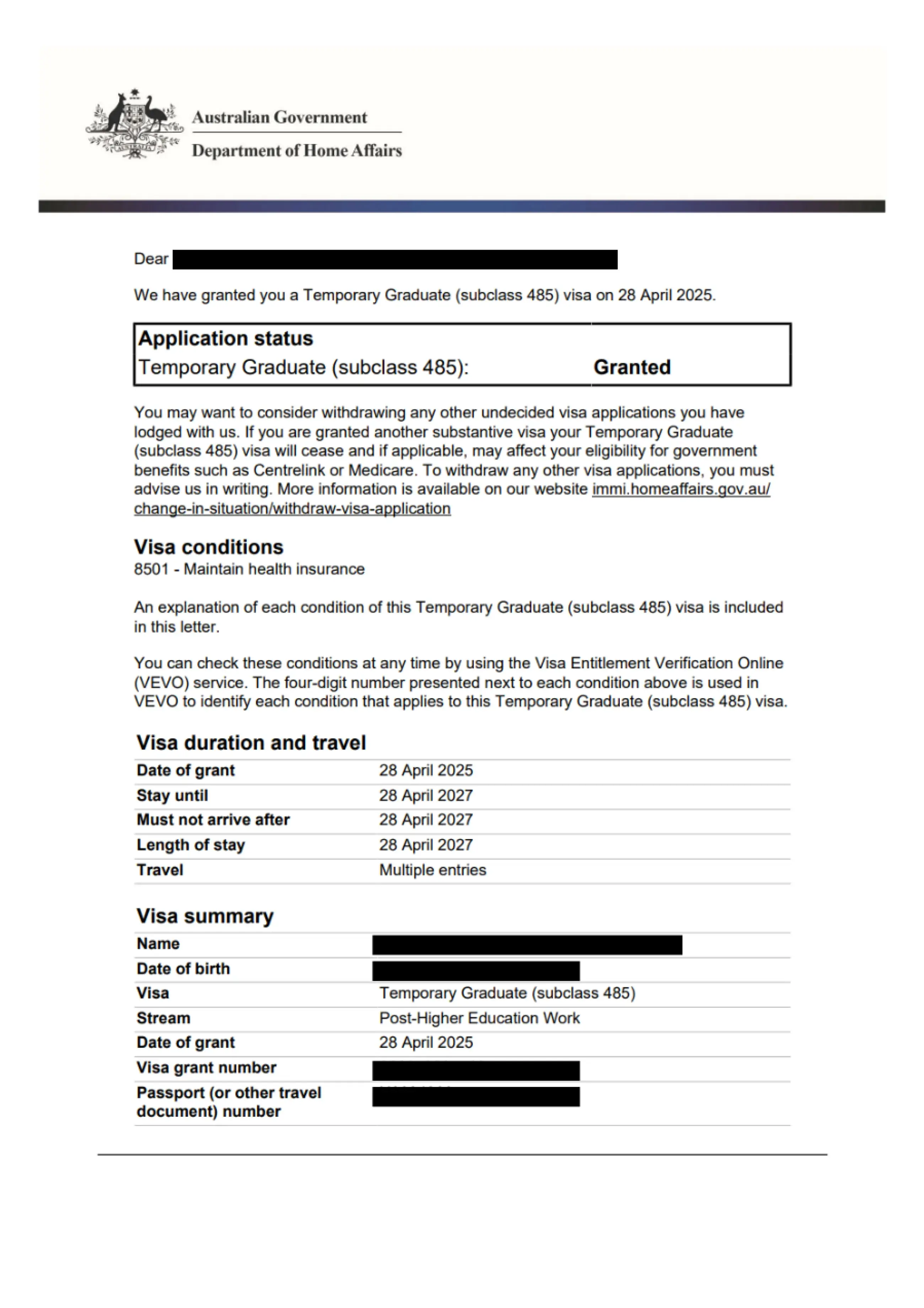 Visa grant